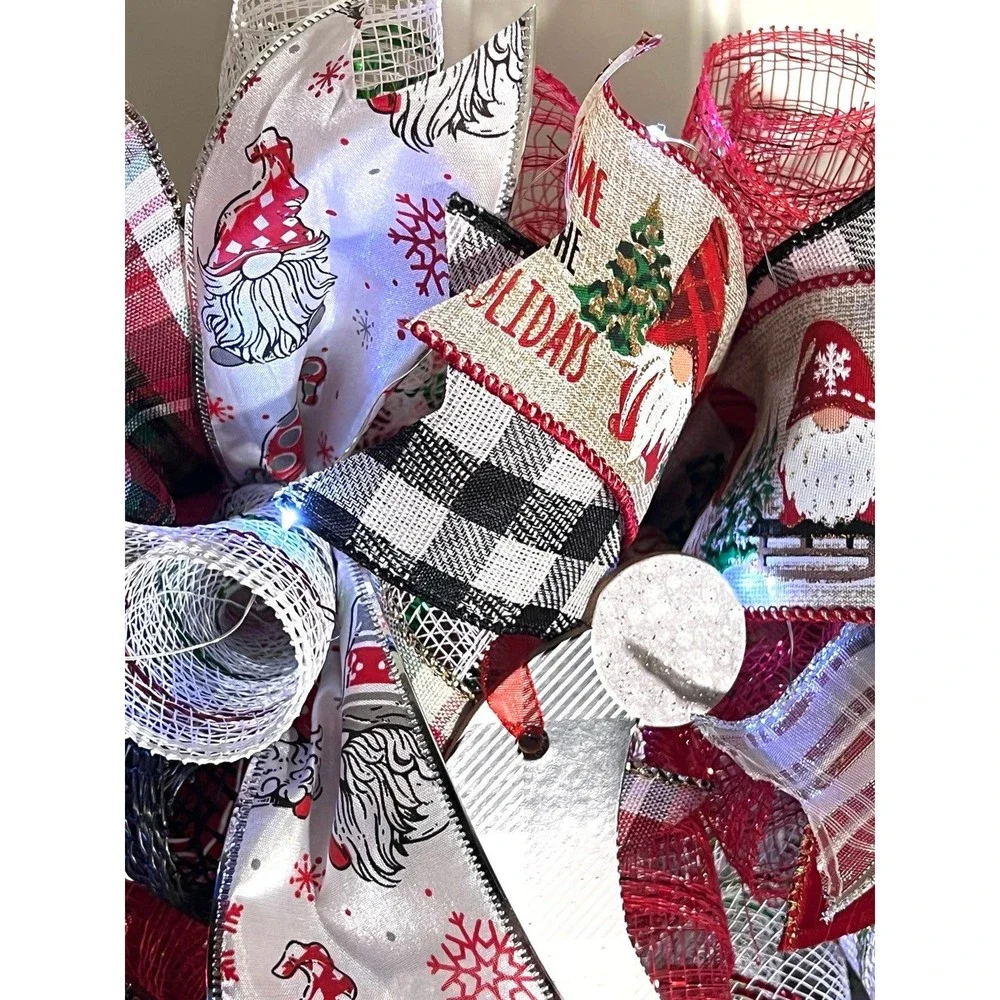 Handmade Merry Christmas Gnome Holiday Ribbon Door Wreath 22 ins W48